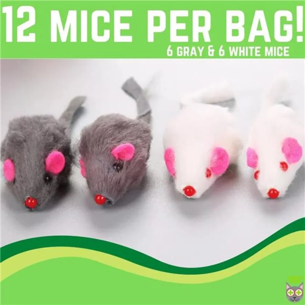 Smokey's Stash Rabbit Fur Mouse Cat Toy 12 per Pack White and Gray Fuzzy Toys